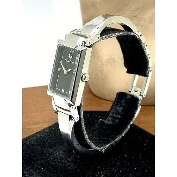 Bulova Womens Watch 96P209 Silver Tone Black Mother of Pearl Dial Diamon…